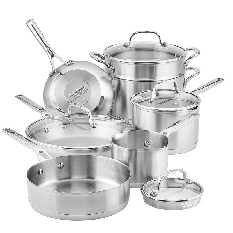 Jogo de Panelas KitchenAid 71001 Indução Base 3 Camadas Aço Inoxidável - 11 Peças
