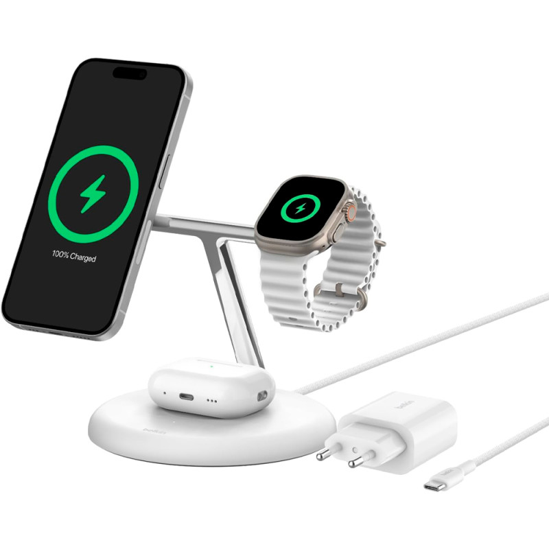 Carregador Wireless Belkin WIZ023vfWH 3-IN-1 15W Magsafe Qi2 Stand iPhone-Watch-Airpod 15W Branco