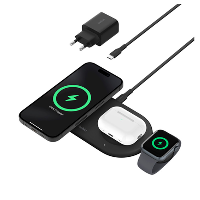 Carregador Wireless Belkin WIZ022vfBK 3-IN-1 15W Magsafe Qi2 iPhone-Watch-Airpod 15W Preto