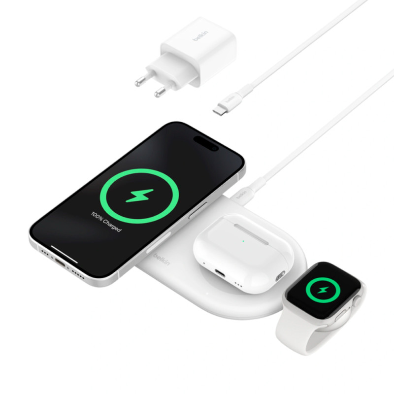 Carregador Wireless Belkin WIZ022vfWH 3-IN-1 15W Magsafe Qi2 iPhone-Watch-Airpod 15W Branco