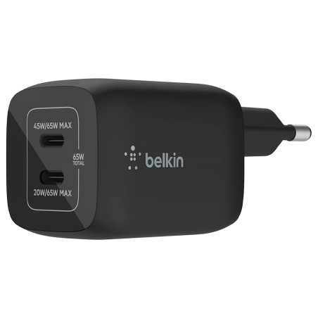 Carregador Duplo de Parede Belkin GAN PPS 65W 20/45W USB-C Preto - WCH013VFBK